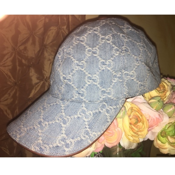 GUCCI Vintage Monogram RARE Chambray Denim Woman's Baseball Hat - Picture 1 of 11